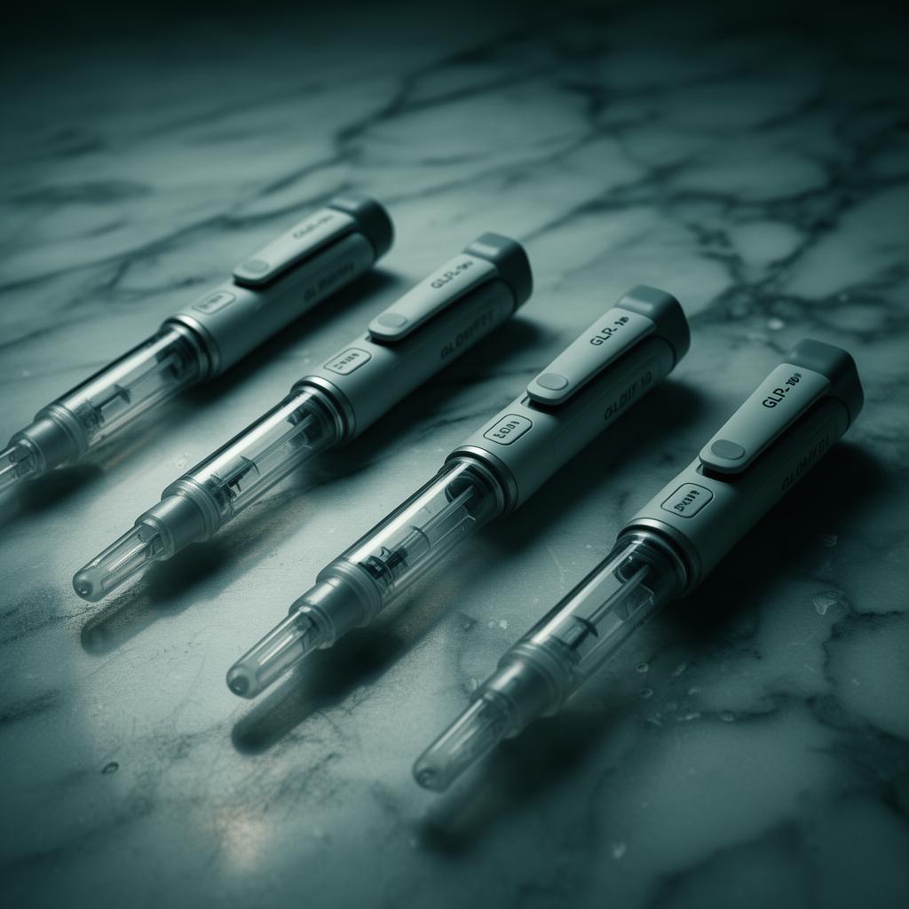 GLP-1 injector pens on a cold marble surface